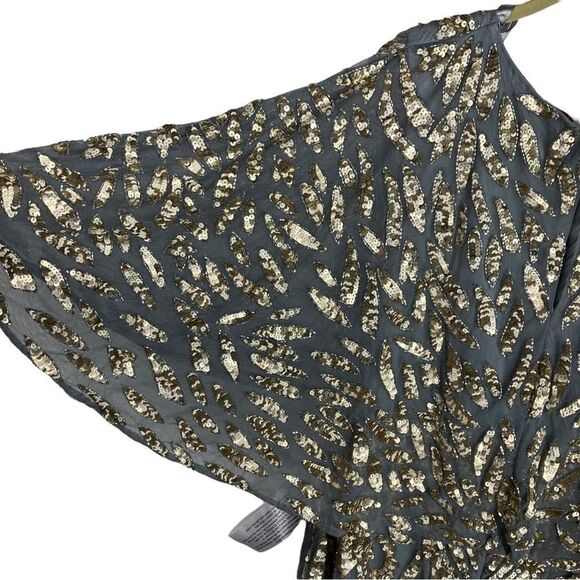 Mac Duggal Dress 20W Gold Blue Embellished Cape Sleeve Cocktail Metallic Sequin - Picture 8 of 11